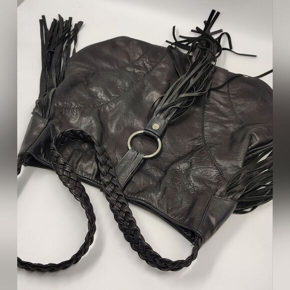 J J Winters Black Fringe Leather Boho Bag Vintage - Picture 8 of 16